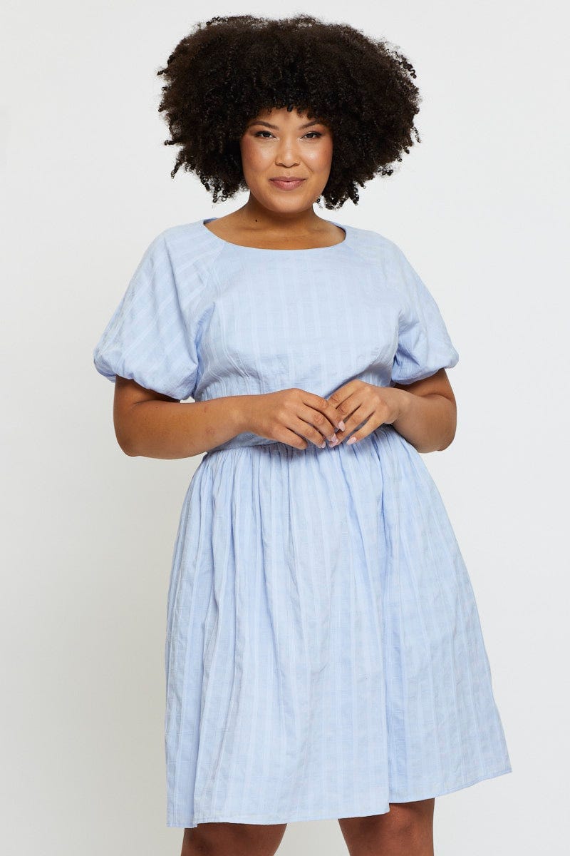 Blue Skater Dress Round Neck Short Sleeve for Women by You and All