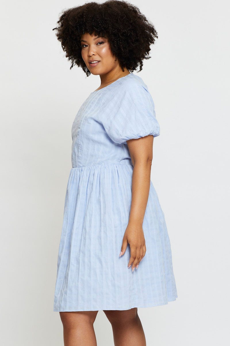 Blue Skater Dress Round Neck Short Sleeve for Women by You and All