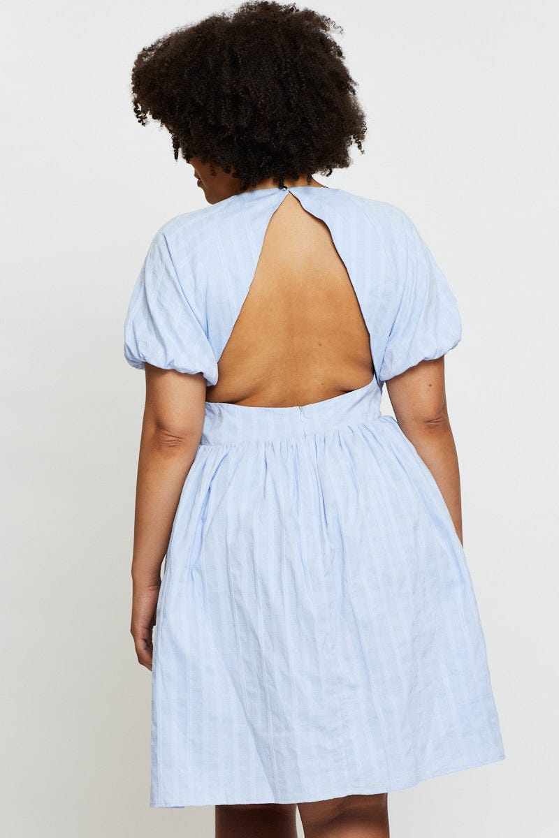 short sleeve blue skater dress boohoo Women's Cotton Cinched Waist Cap Sleeve Skater Dress in Baby Blue | Size: 12