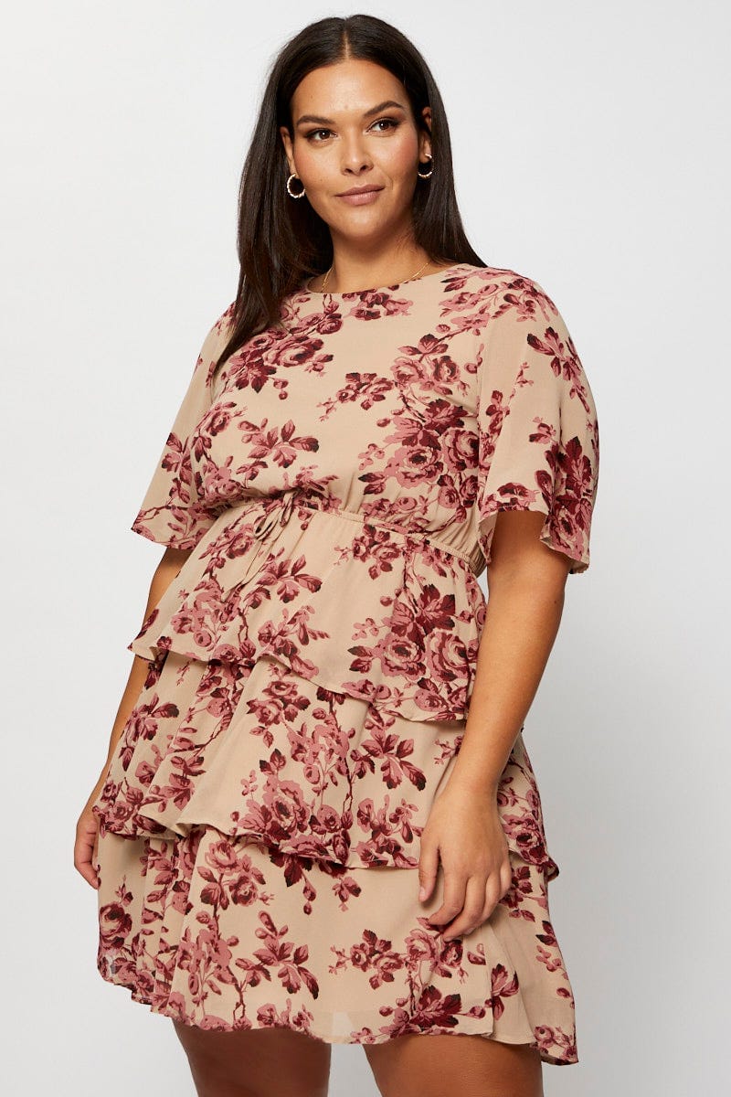 Floral Prt Skater Dress Round Neck Short Sleeve For Women By You And All