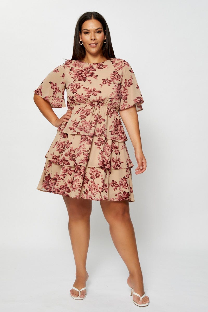 Floral Prt Skater Dress Round Neck Short Sleeve For Women By You And All