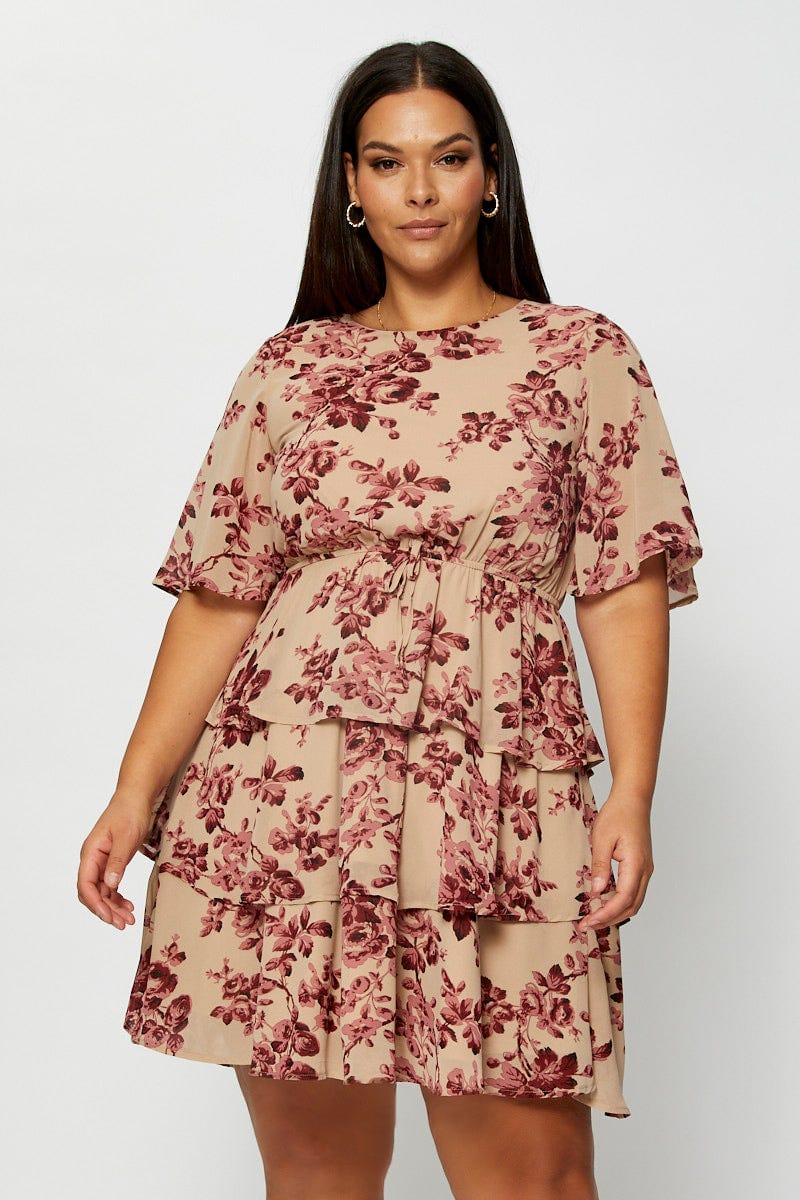 Floral Prt Skater Dress Round Neck Short Sleeve For Women By You And All