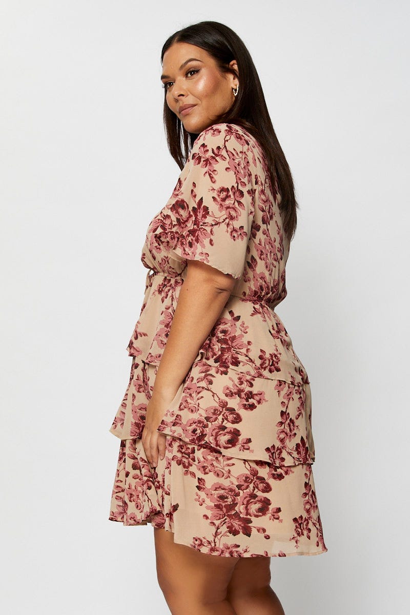 Floral Prt Skater Dress Round Neck Short Sleeve For Women By You And All