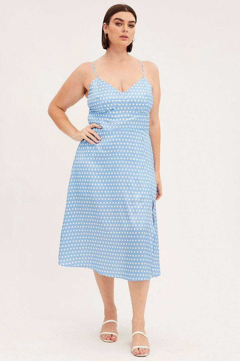 Blue Polka Dot Midi Dress Strappy Front Split Satin for YouandAll Fashion