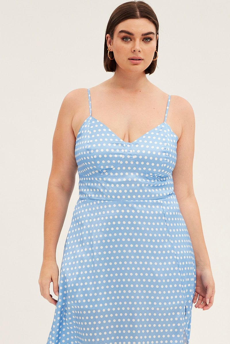 Blue Polka Dot Midi Dress Strappy Front Split Satin