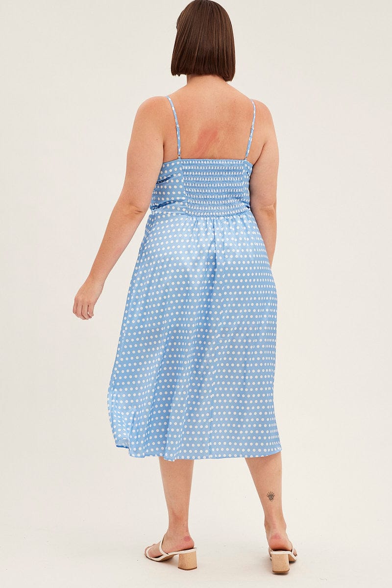 Blue Polka Dot Midi Dress Strappy Front Split Satin for YouandAll Fashion