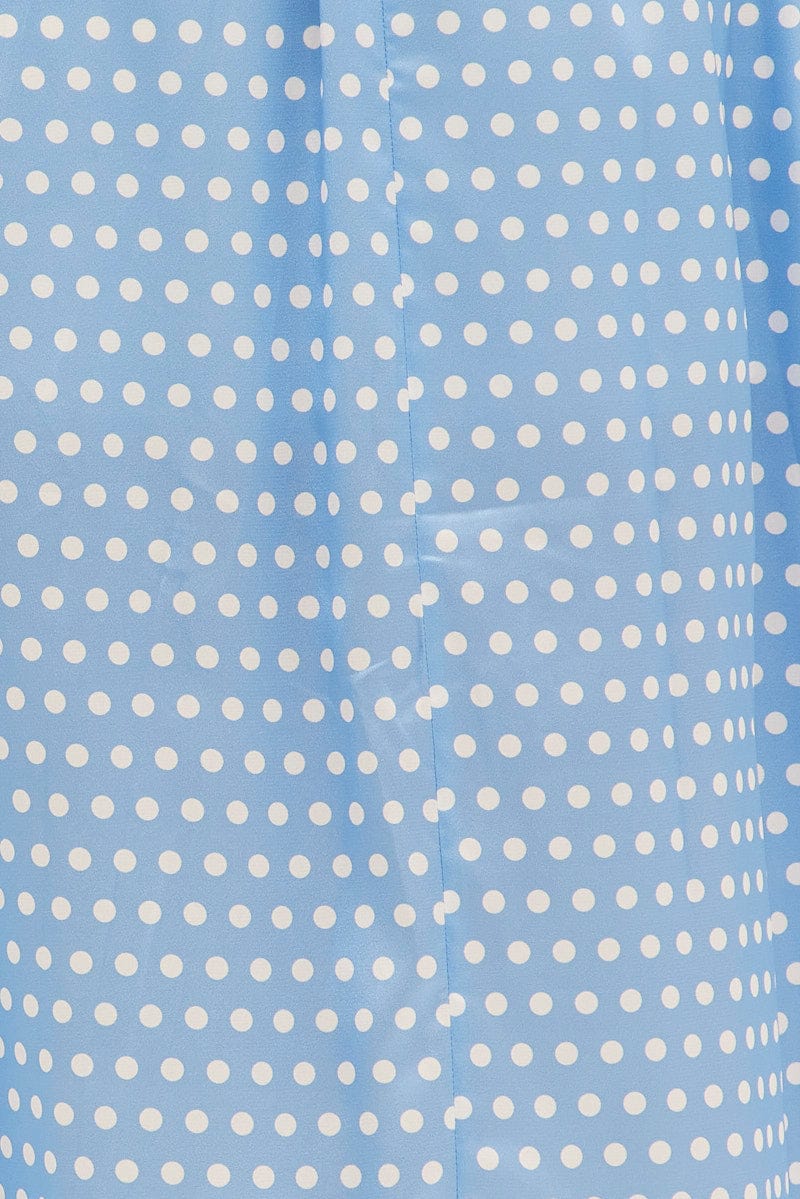 Blue Polka Dot Midi Dress Strappy Front Split Satin for YouandAll Fashion