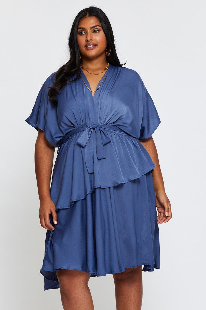 Mid Blue Skater Dress V-Neck Batwing Sleeve Tie For Women By You And All