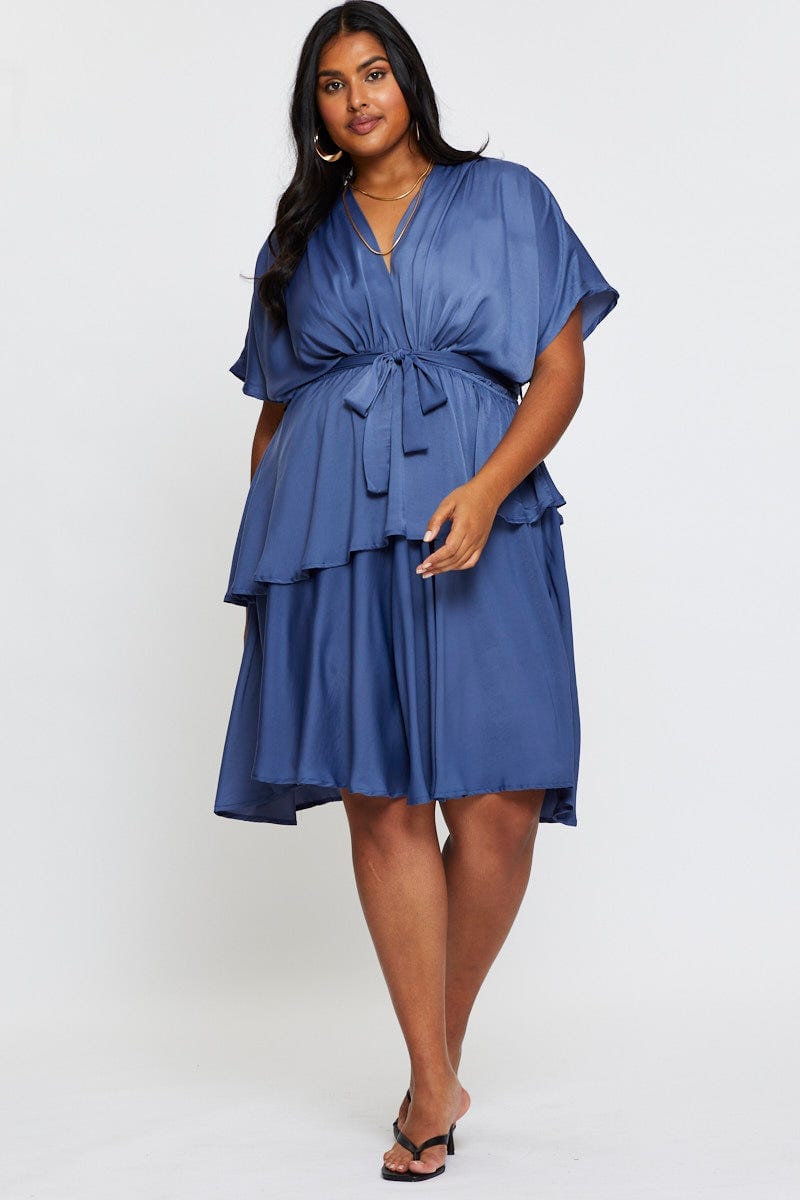 Mid Blue Skater Dress V-Neck Batwing Sleeve Tie For Women By You And All