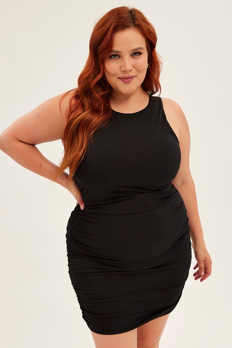 Black Mini Dress Sleeveless Rib Jersey Ruched | You & All Black Mini Dress Sleeveless Rib Jersey Ruched | You & All
