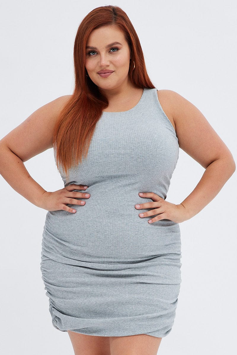 Grey Ruched Dress Rib Bodycon Jersey for YouandAll Fashion