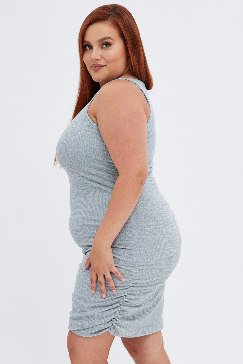 Grey Ruched Dress Rib Bodycon Jersey | You & All Grey Ruched Dress Rib Bodycon Jersey | You & All