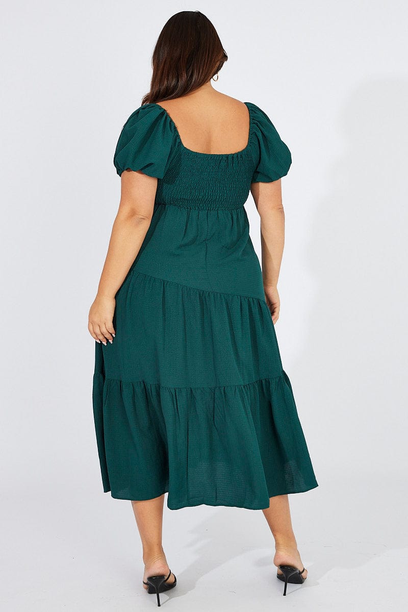 Green Midi Dress Short Sleeve Twist Front Textured for YouandAll Fashion