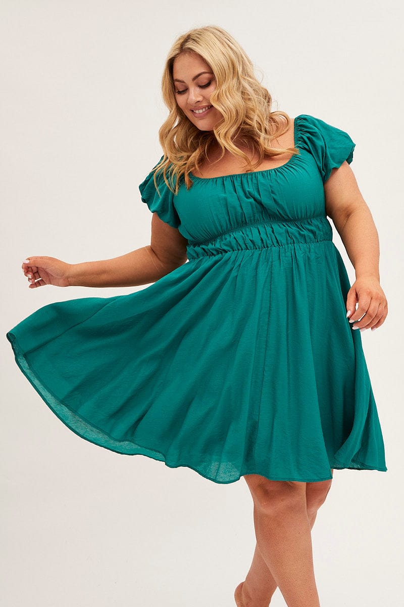 Green Fit and Flare Dress Short Sleeve Ruched