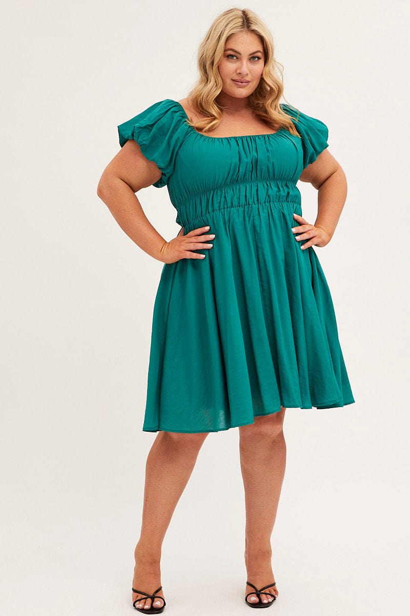 Green Fit and Flare Dress Short Sleeve Ruched