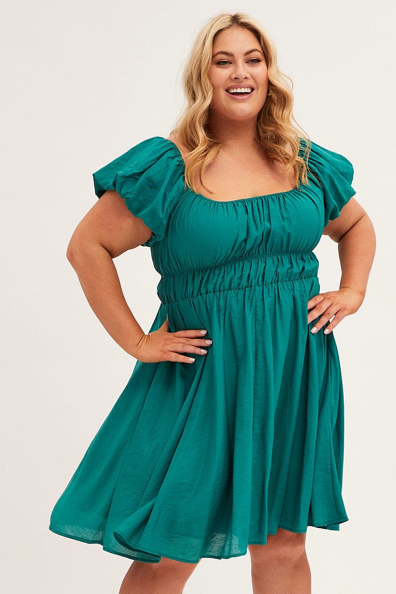 Green Fit and Flare Dress Short Sleeve Ruched