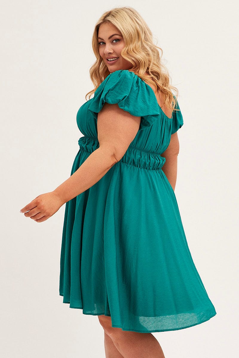 Green Fit and Flare Dress Short Sleeve Ruched