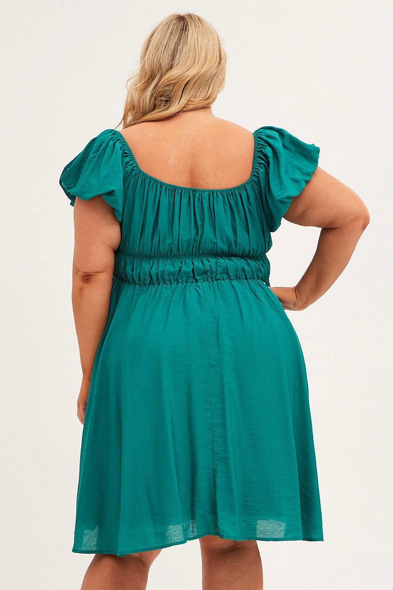 Green Fit and Flare Dress Short Sleeve Ruched