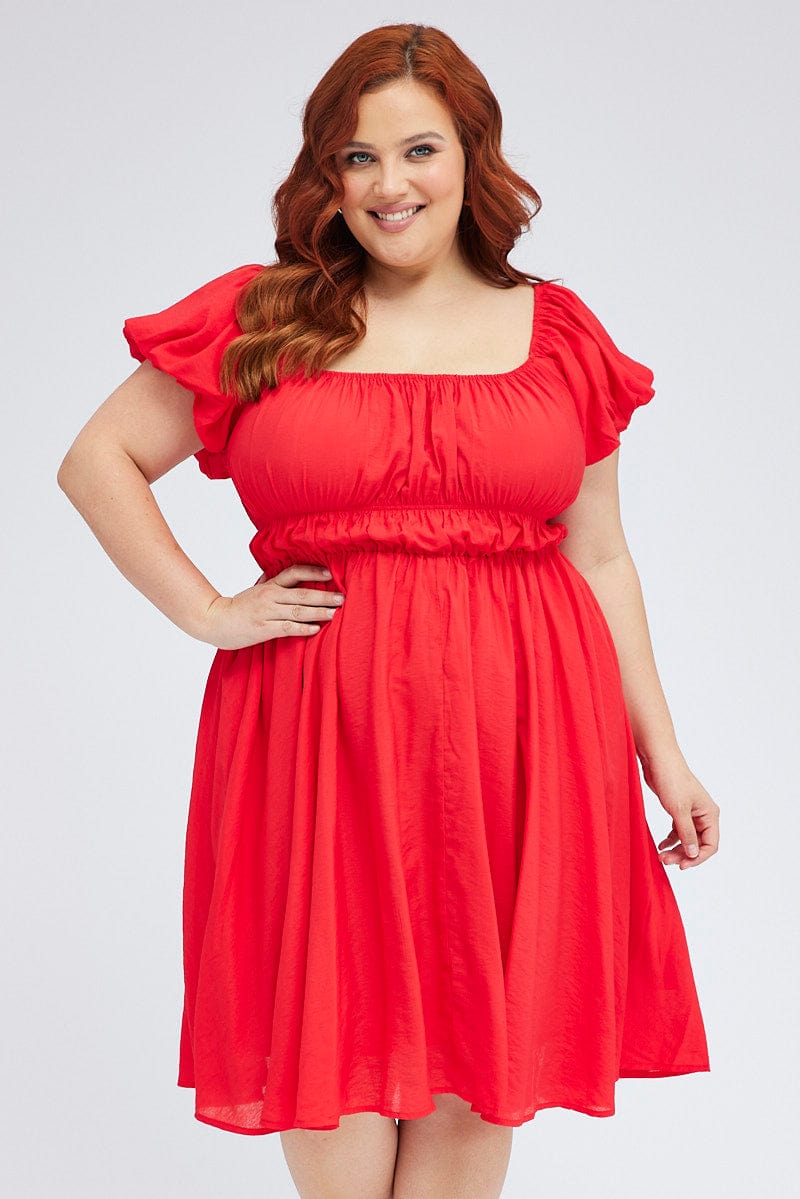 Red Fit And Flare Dress Short Sleeve Ruched for YouandAll Fashion