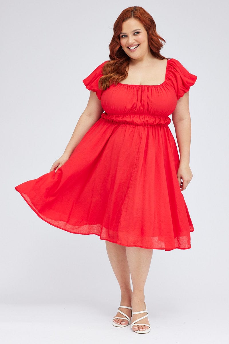 Red Fit And Flare Dress Short Sleeve Ruched for YouandAll Fashion