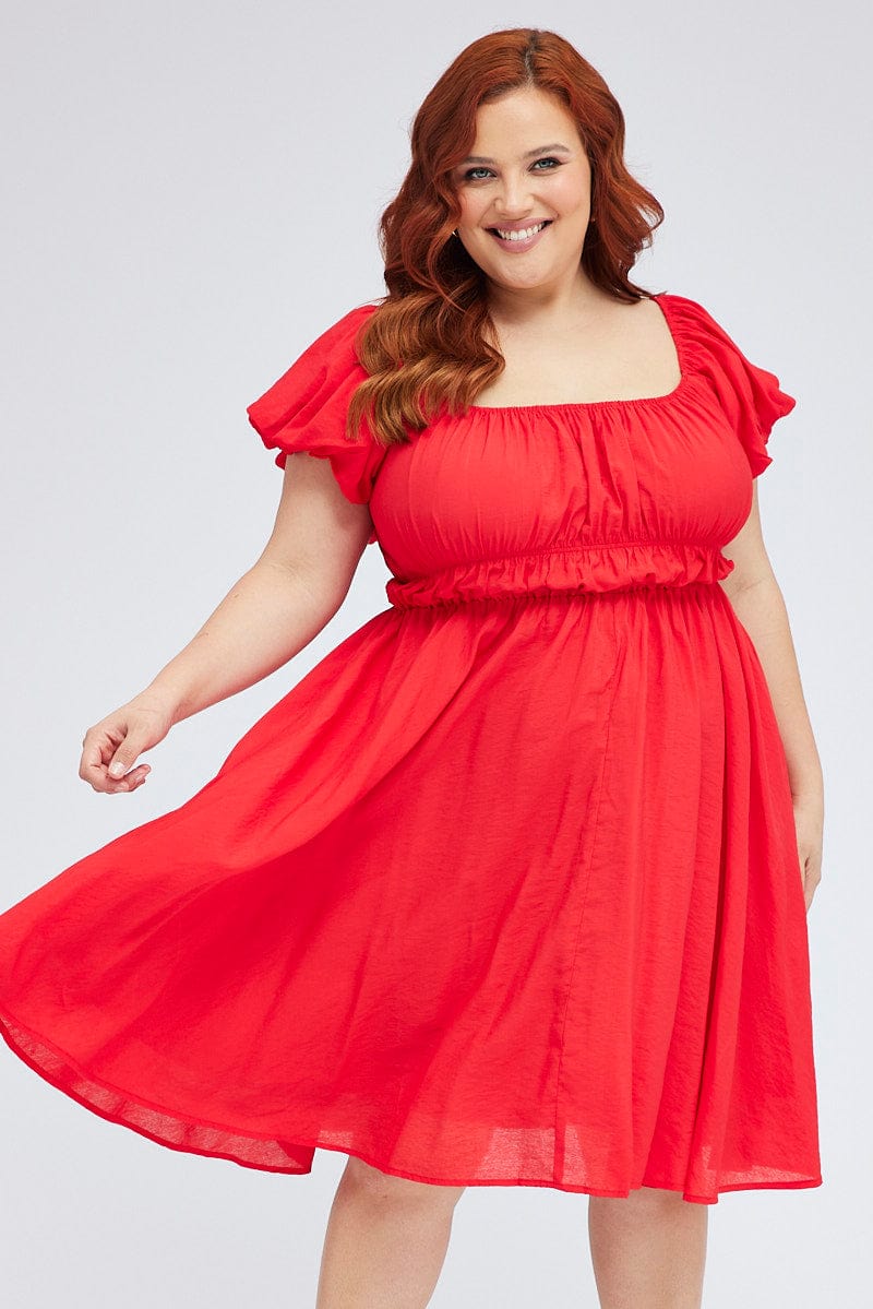 Red Fit And Flare Dress Short Sleeve Ruched for YouandAll Fashion