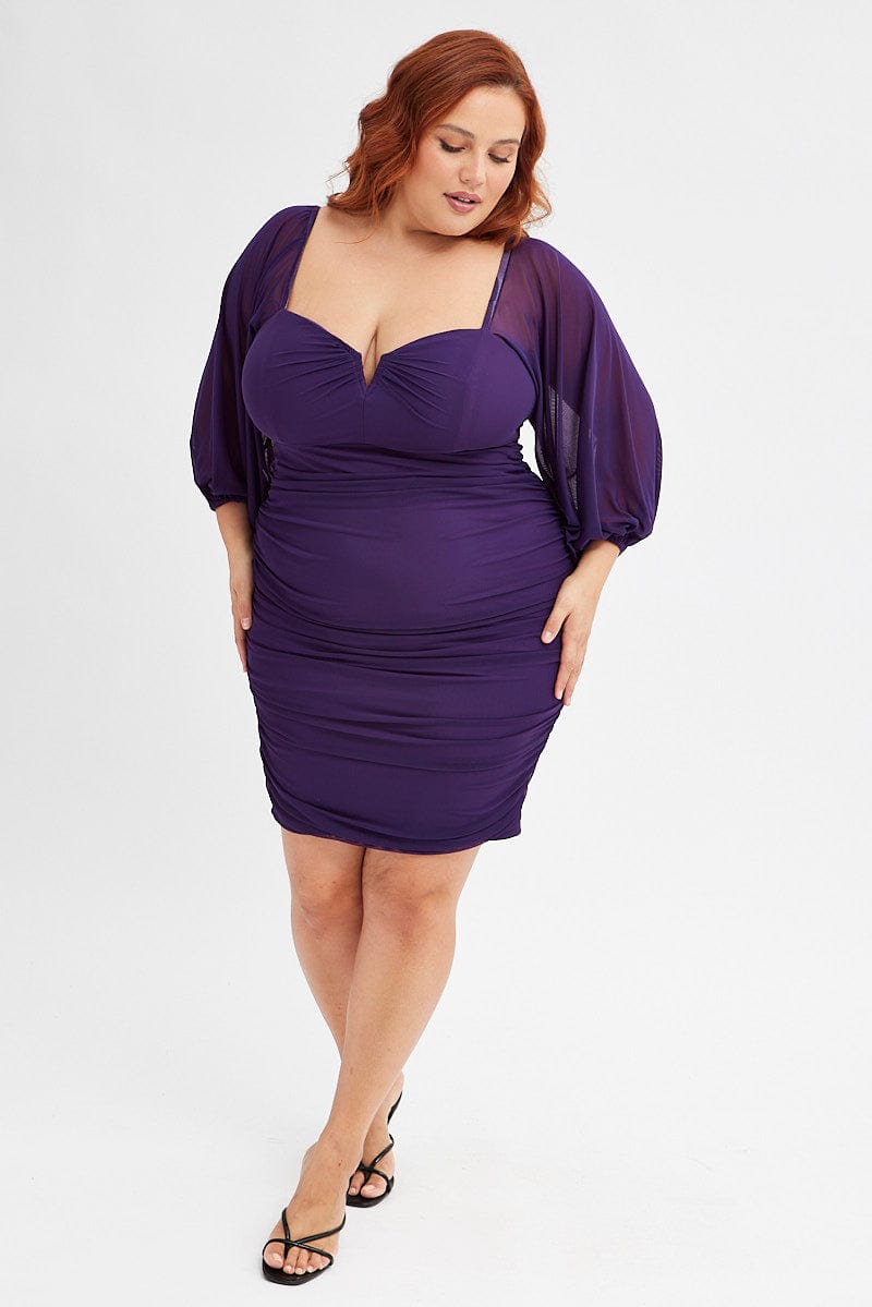 purple long sleeve bodycon dress Purple Bodycon Dress Mesh Balloon Sleeve Ruched Mini