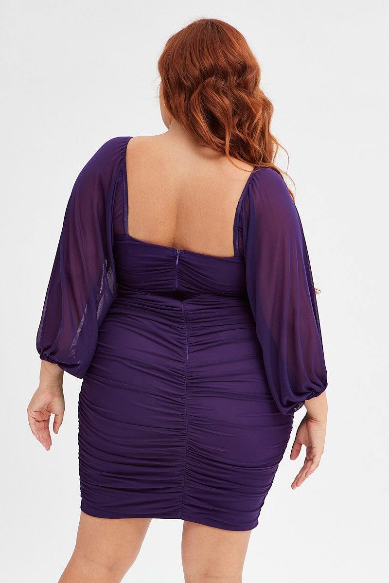 Purple Bodycon Dress Mesh Balloon Sleeve Ruched Mini for YouandAll Fashion