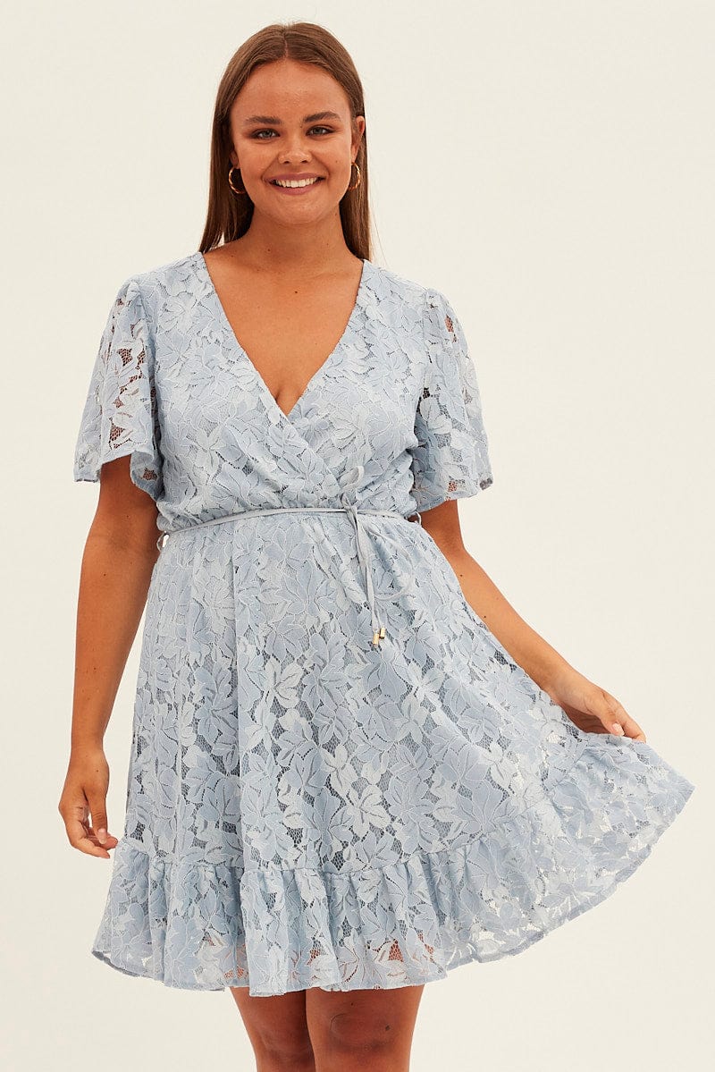 Light Blue Fit and Flare Dress Short Sleeve Wrap Lace for YouandAll Fashion