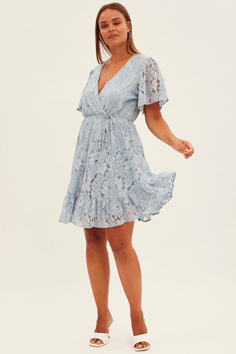 Light Blue Fit And Flare Dress Short Sleeve Wrap Lace | You & All Light Blue Fit And Flare Dress Short Sleeve Wrap Lace | You & All