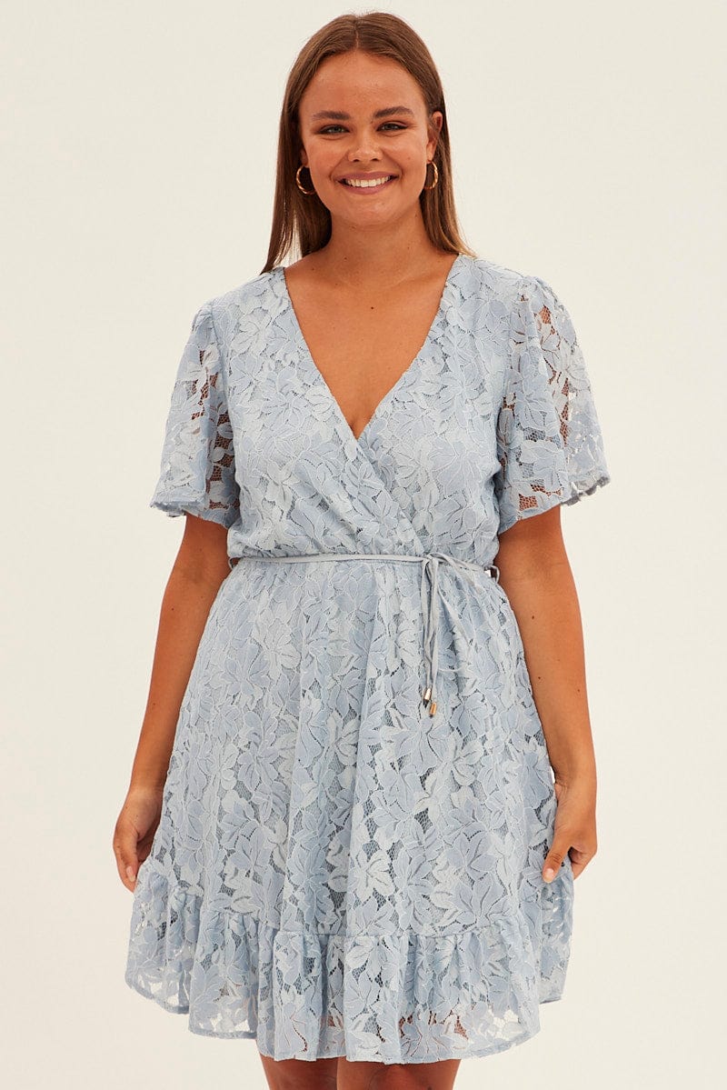 Light Blue Fit And Flare Dress Short Sleeve Wrap Lace | You & All Light Blue Fit And Flare Dress Short Sleeve Wrap Lace | You & All
