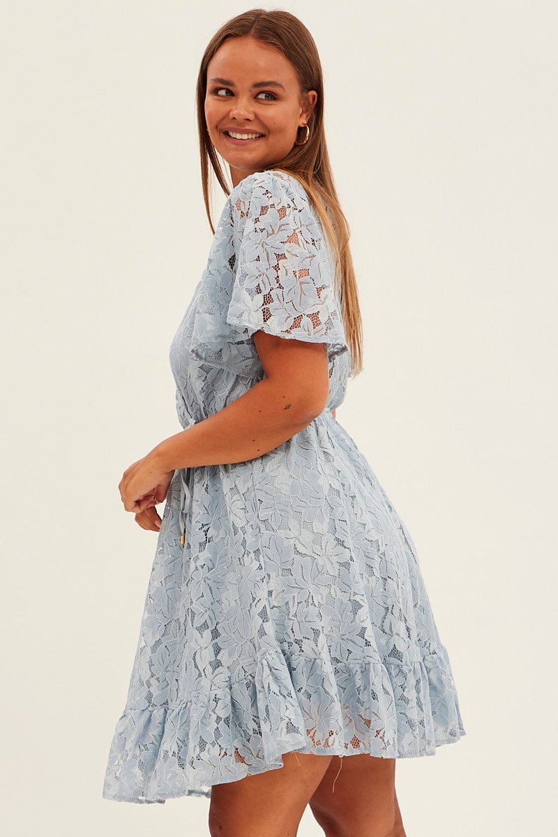 Light Blue Fit And Flare Dress Short Sleeve Wrap Lace | You & All Light Blue Fit And Flare Dress Short Sleeve Wrap Lace | You & All