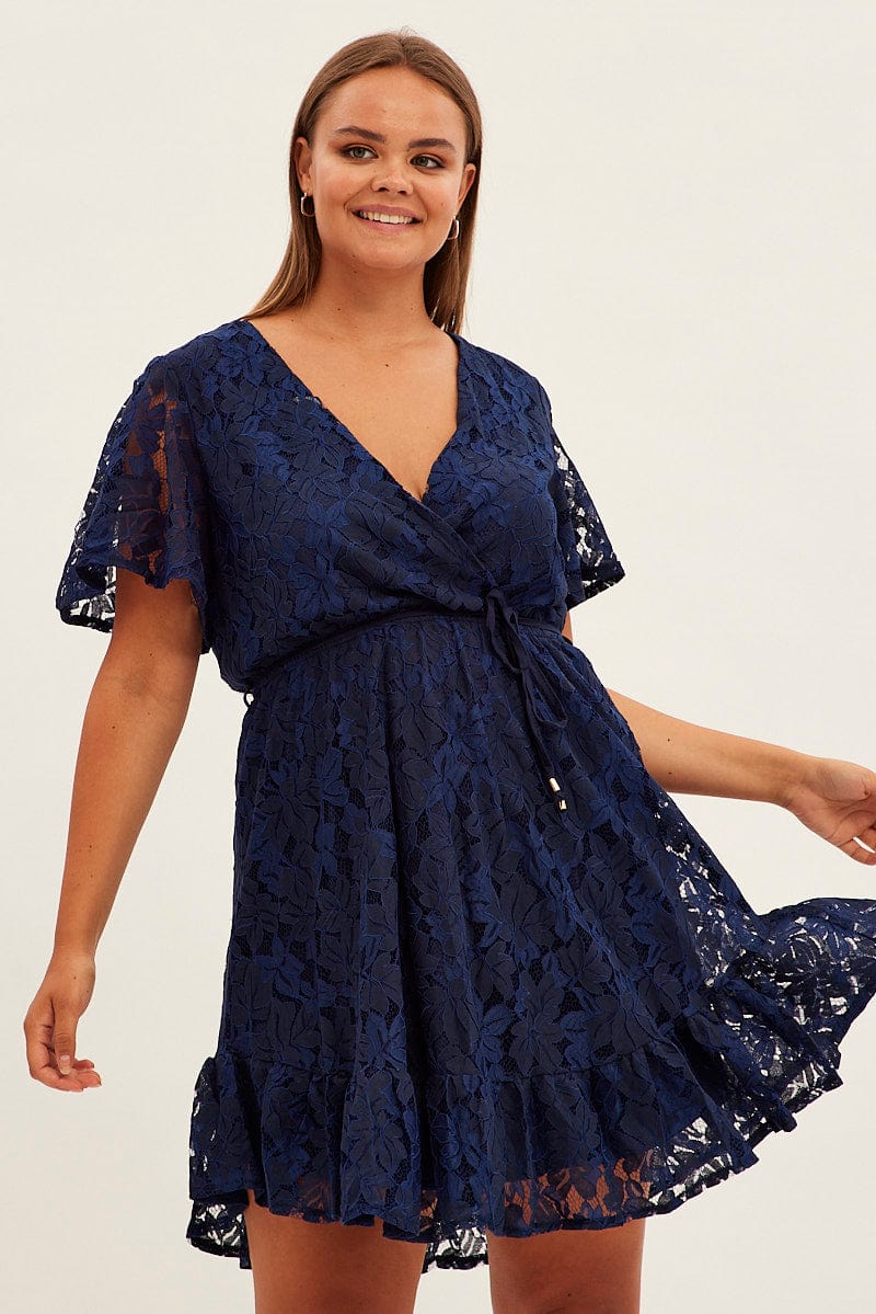 Blue Fit and Flare Dress Short Sleeve Wrap Lace for YouandAll Fashion