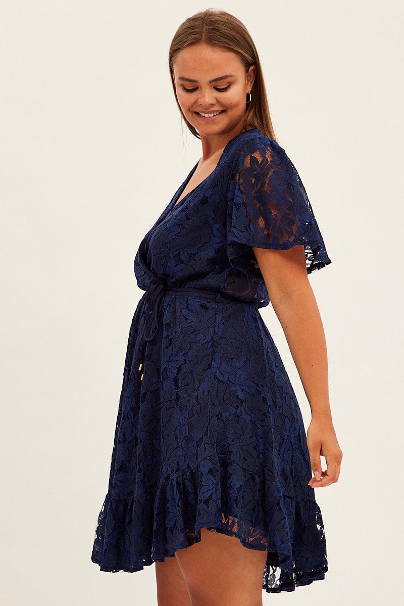 Plus Size Navy Lace Wrap Dress Plus Size Blue Broderie Lace Wrap