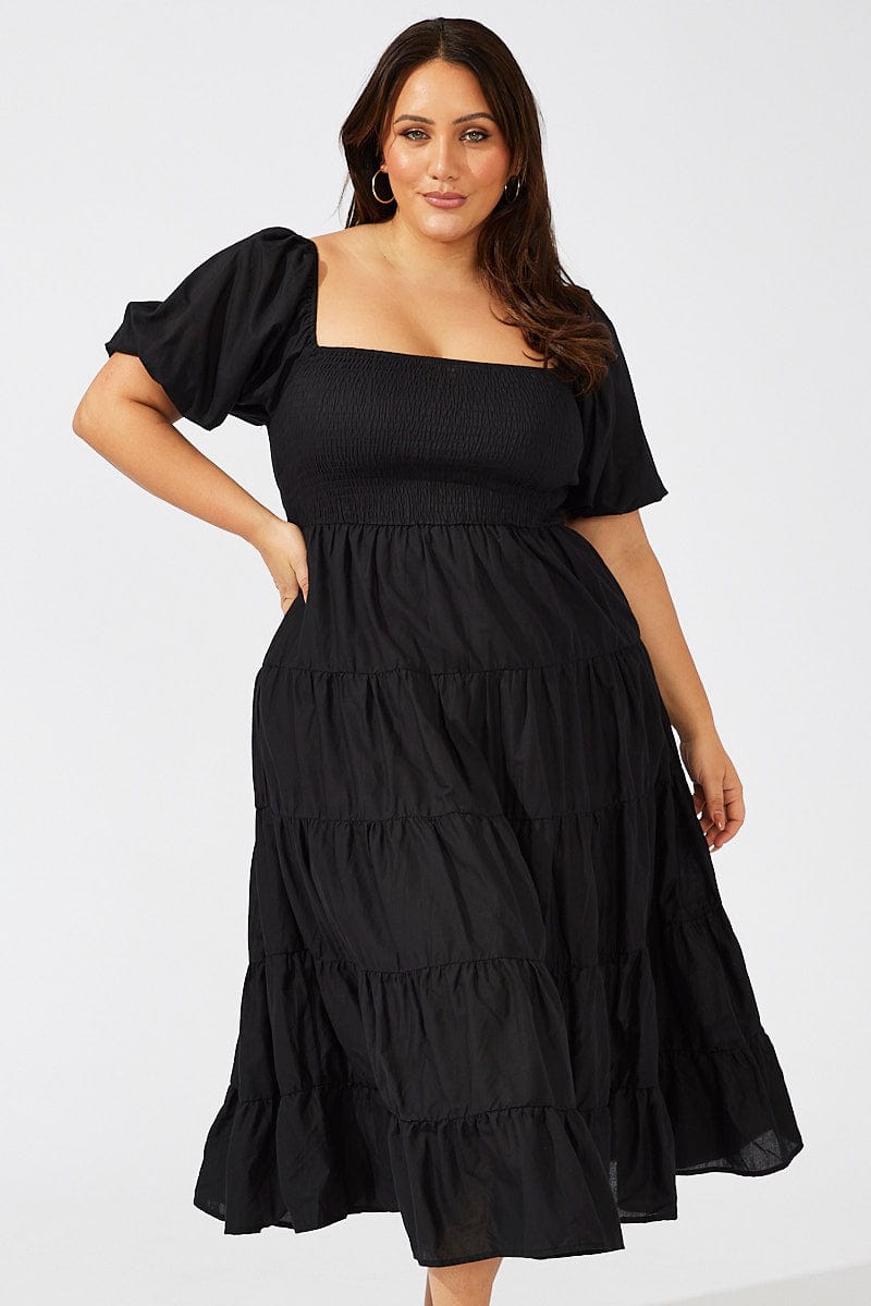 Black Maxi Dress Short Sleeve Tiered Tie Back for YouandAll Fashion