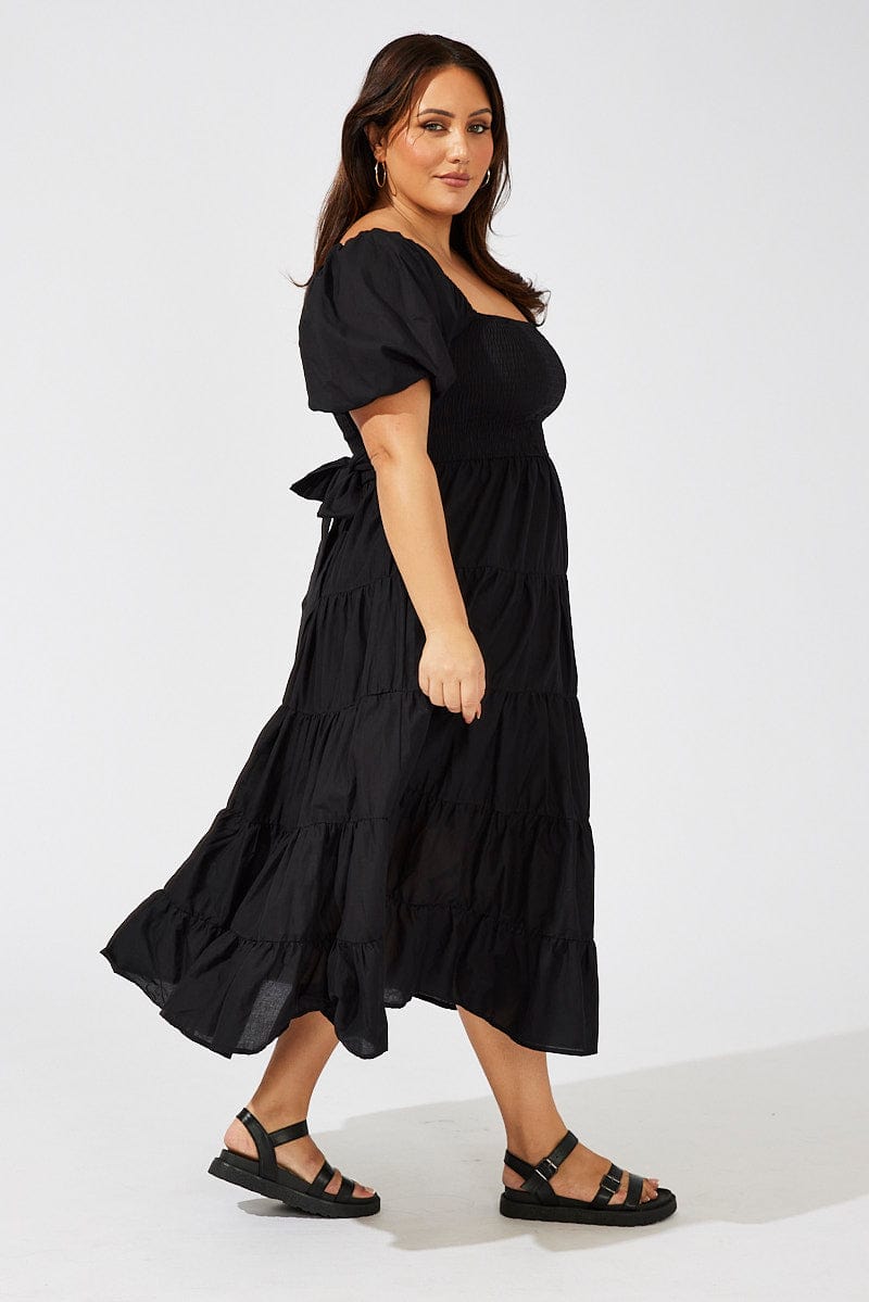 Black Maxi Dress Short Sleeve Tiered Tie Back for YouandAll Fashion