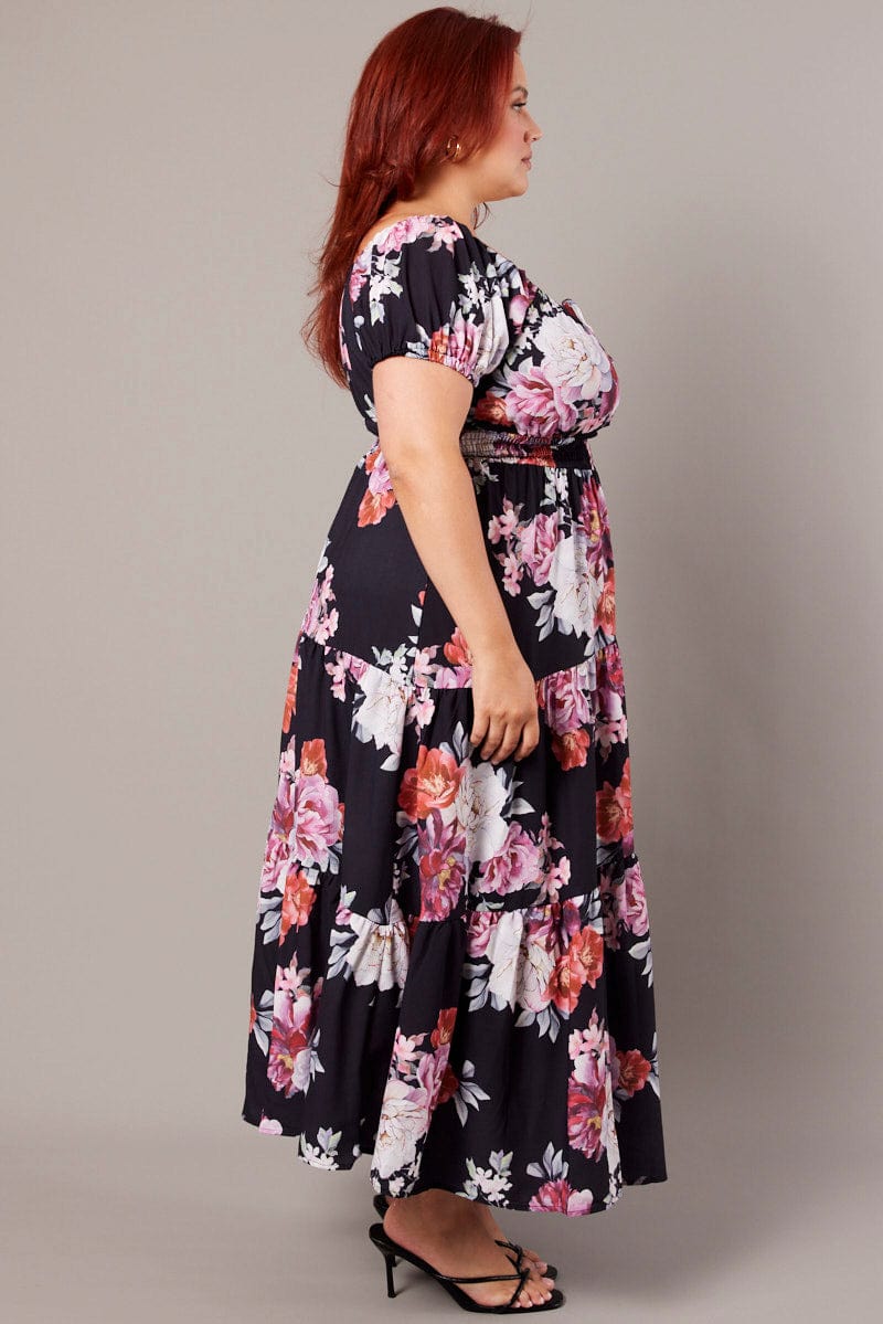 Black Floral Maxi Dress Short Sleeve Tiered for YouandAll Fashion