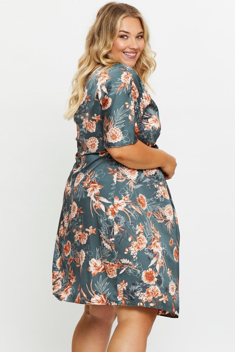 Floral Prt Skater Dress V-Neck Three-Quarter Sleeve For Women By You And All