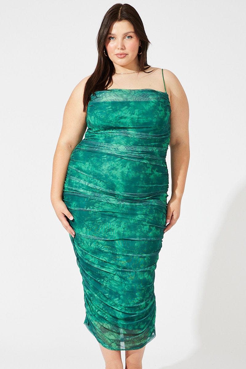 Green Abstract Ruched Mesh Midi Dress for YouandAll Fashion