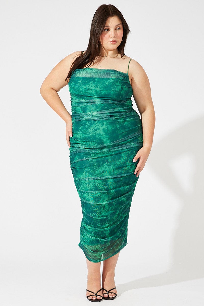 Green Abstract Ruched Mesh Midi Dress for YouandAll Fashion