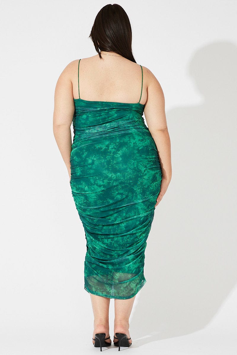 Green Abstract Ruched Mesh Midi Dress for YouandAll Fashion