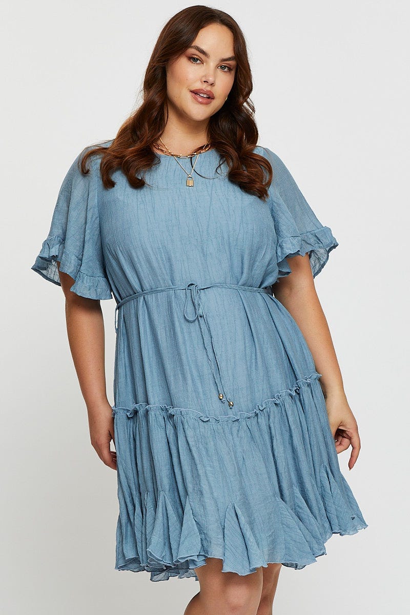 Blue Skater Dress Round Neck Short Sleeve Tie For Women By You And All