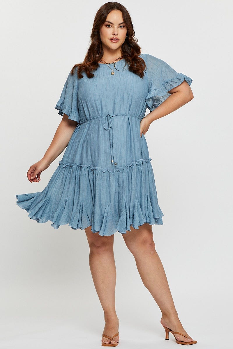 Blue Skater Dress Round Neck Short Sleeve Tie For Women By You And All