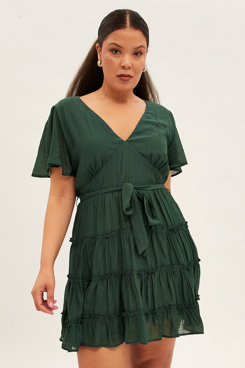 Green Mini Dress Short Flare Sleeve Textured Frill for YouandAll Fashion