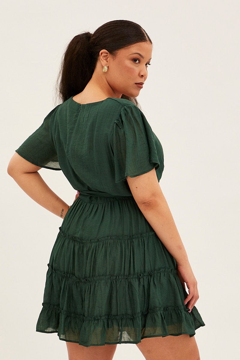 Green Mini Dress Short Flare Sleeve Textured Frill for YouandAll Fashion