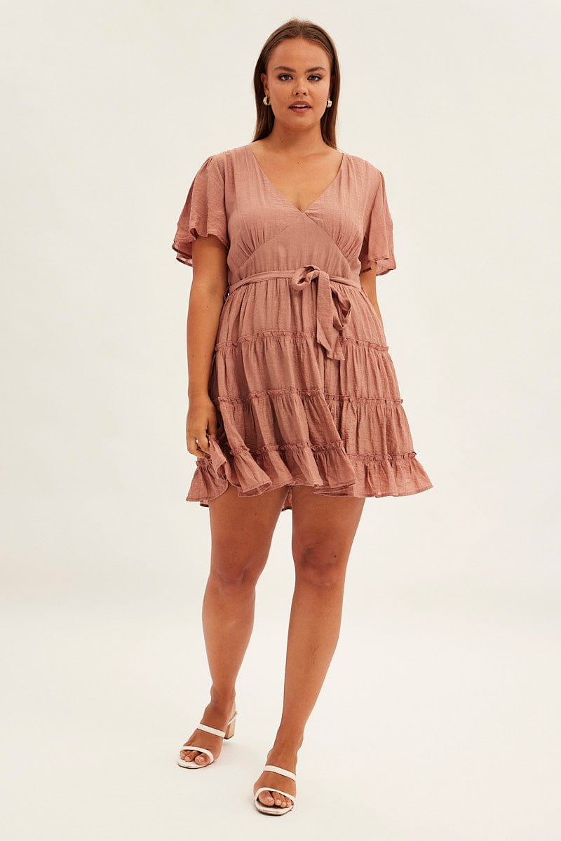 Pink Mini Dress Short Flare Sleeve Textured Frill | You & All Pink Mini Dress Short Flare Sleeve Textured Frill | You & All