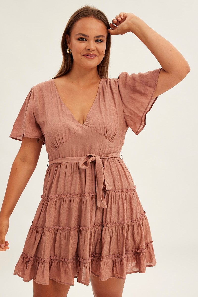 Pink Mini Dress Short Flare Sleeve Textured Frill | You & All Pink Mini Dress Short Flare Sleeve Textured Frill | You & All