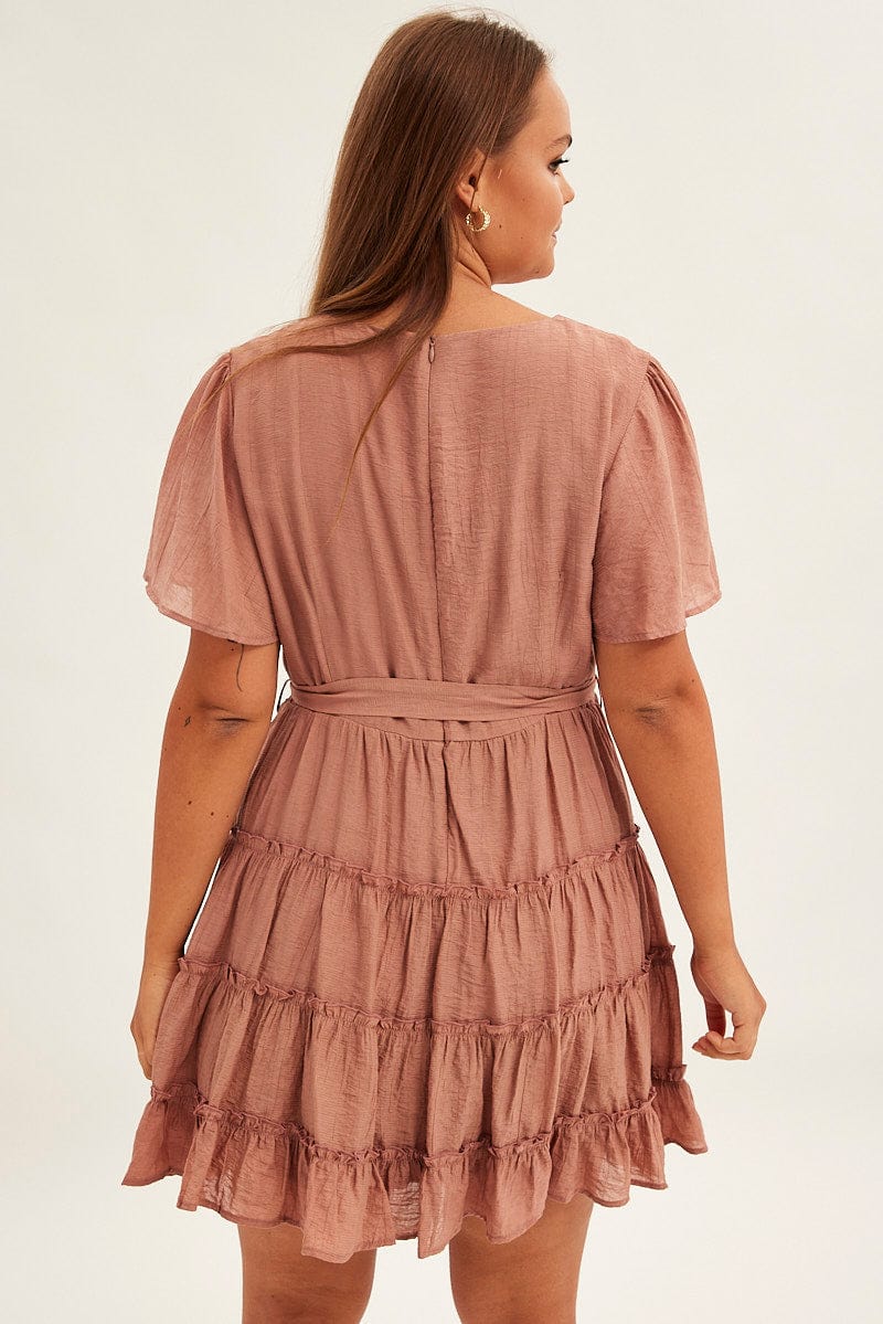 PINK Mini Dress Short Flare Sleeve Textured Frill for YouandAll Fashion