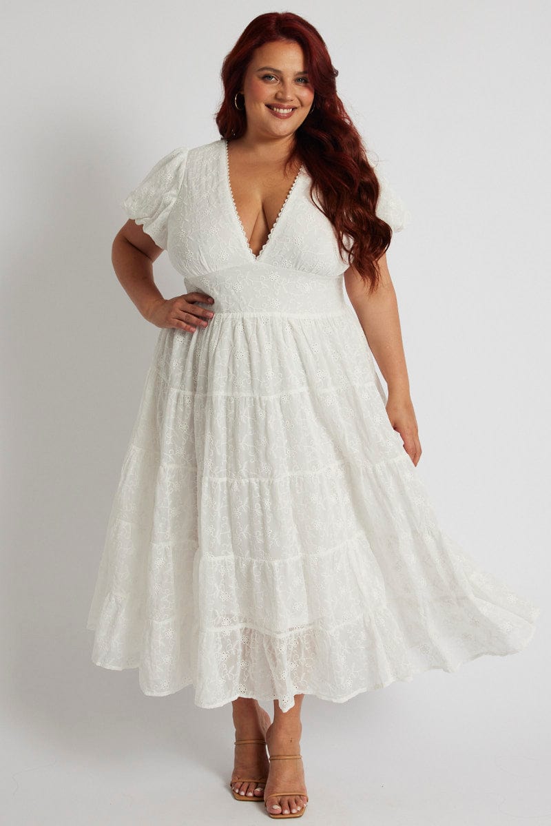 White Maxi Dress Short Sleeve Tiered Lace for YouandAll Fashion