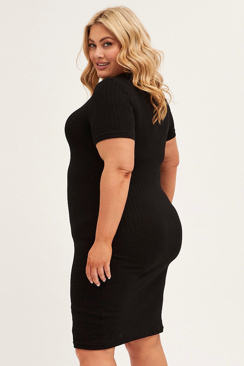 BLACK Midi Dress Short Sleeve Rib Jersey Bodycon