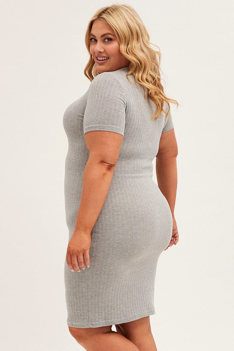 Grey Midi Dress Short Sleeve Rib Jersey Bodycon | You & All Grey Midi Dress Short Sleeve Rib Jersey Bodycon | You & All